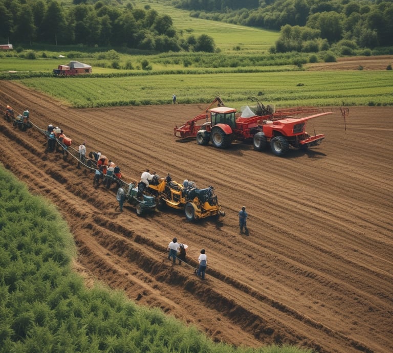 A rural landscape featuring a field of ripe crops with a large tree in the foreground. In the middle ground, workers operate a red tractor near a haystack, while mountains rise in the background under a partly cloudy sky.
