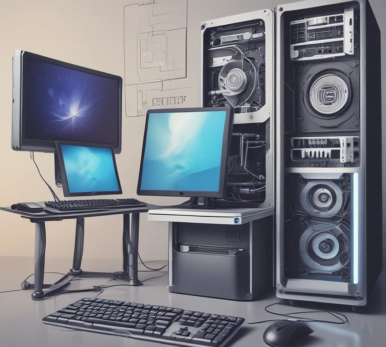 A sign for 'Shallom Komputer' is displayed prominently on the facade of a building, surrounded by lush green trees. The sign offers information about services related to hardware, software, networking, and accessories. The building features several rectangular windows and air conditioning units.