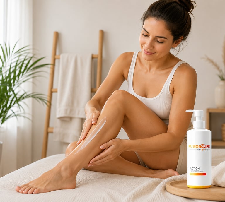 A woman applying Fusion2Life moisturizing body lotion to her leg for healthy skin hydration.