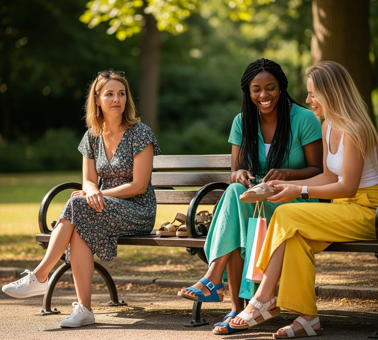 three women sitting on a bench in a park