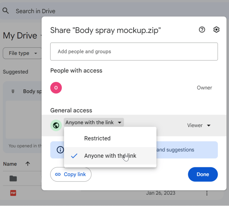 How to set a google drive file sharing link to "anyone with link can view""