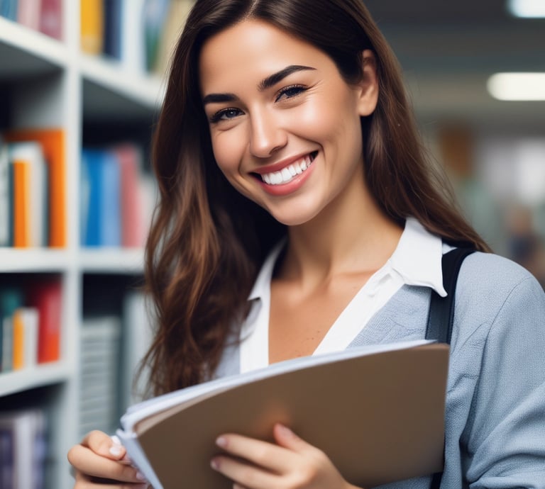 A dental professional wearing a face mask examines a product brochure. The background contains various dental care products including mouthwash and toothpaste packaging placed on a counter. The setting appears to be a dental clinic with a dental chair visible.
