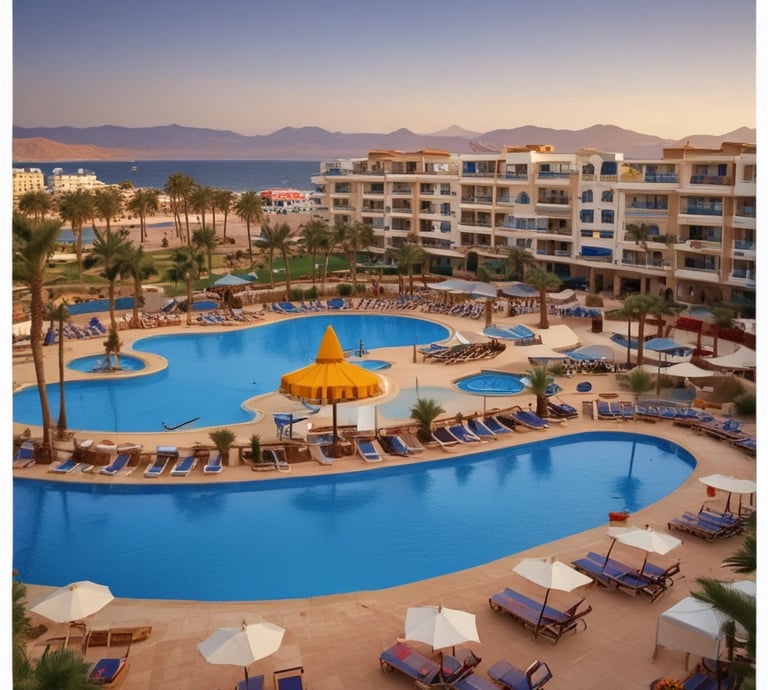 A stunning beachfront villa overlooking the crystal-clear Red Sea under a bright blue sky.