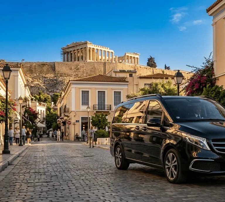 private Athens transfers Black Mercedes-Benz Vito minivan parked near Acropolis on elegant traditional street  Athens GO