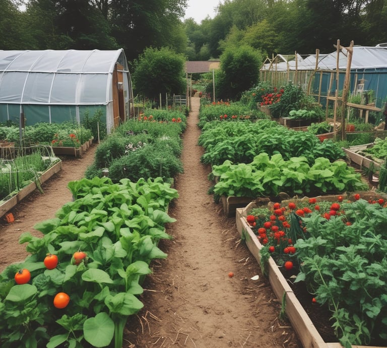 Children planting vegetables in a sunny, green allotment surrounded by wildlife habitats.