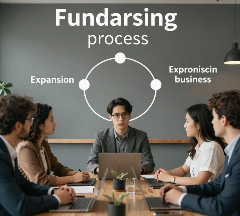 Business consultant discussing financial plans with clients in an office setting.