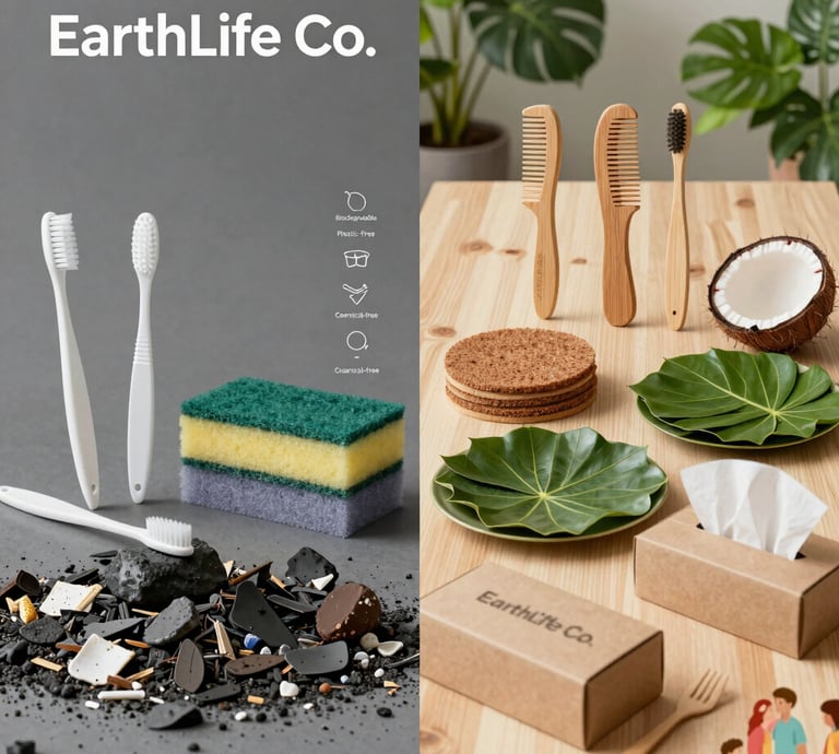 Close-up of bamboo facial tissues, neem wood comb, and coconut coir scrub pad arranged on a natural fabric background.