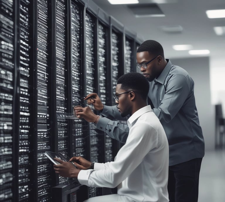 A team of IT professionals collaborating over laptops in a modern office space.