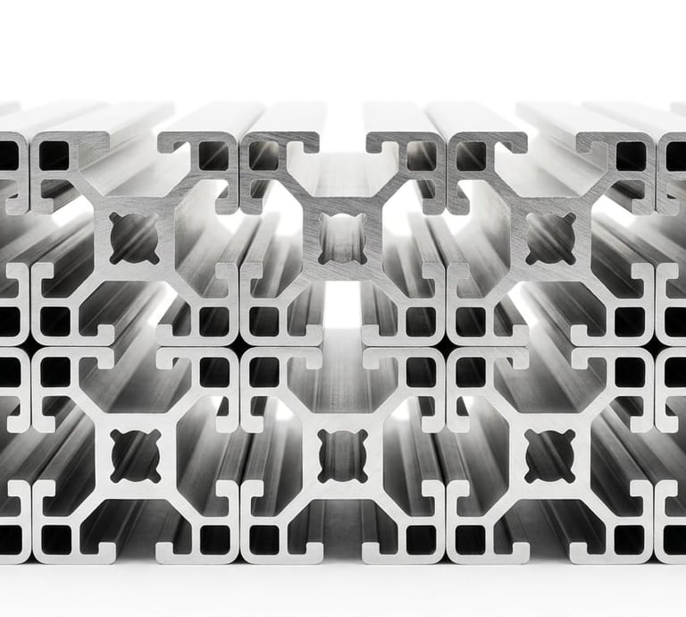 T-slot aluminum extrusion profiles stacked on a white background for industrial framing.