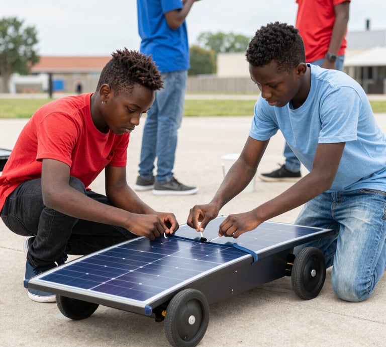 A bright, cozy classroom with a small group of engaged students and a passionate teacher guiding them.