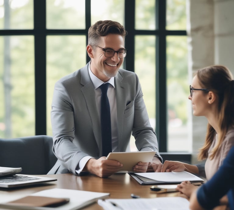 A smiling financial consultant meeting with a family in a cozy, sunlit living room.