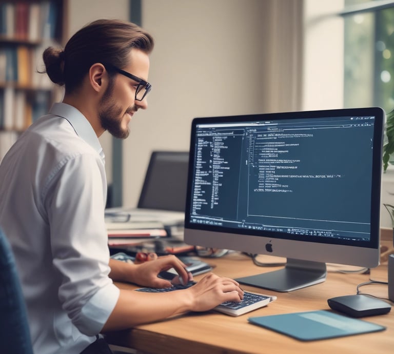 A modern classroom setting with students engaging on laptops guided by a trainer.