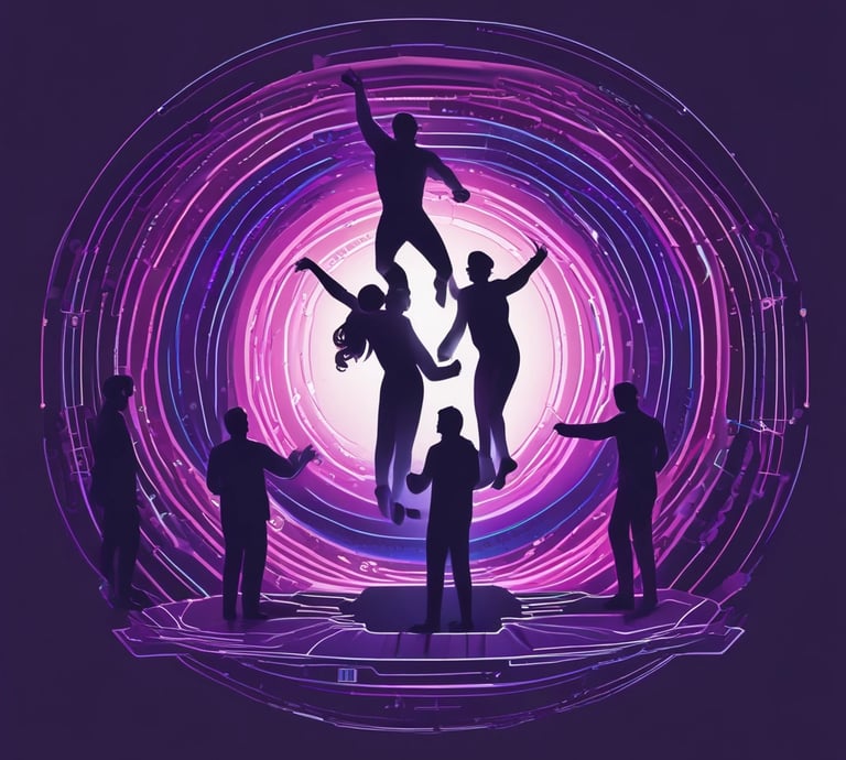 A sleek, modern workspace with blue to purple gradient lighting reflecting the digital media vibe of SuperQDeals LLC.