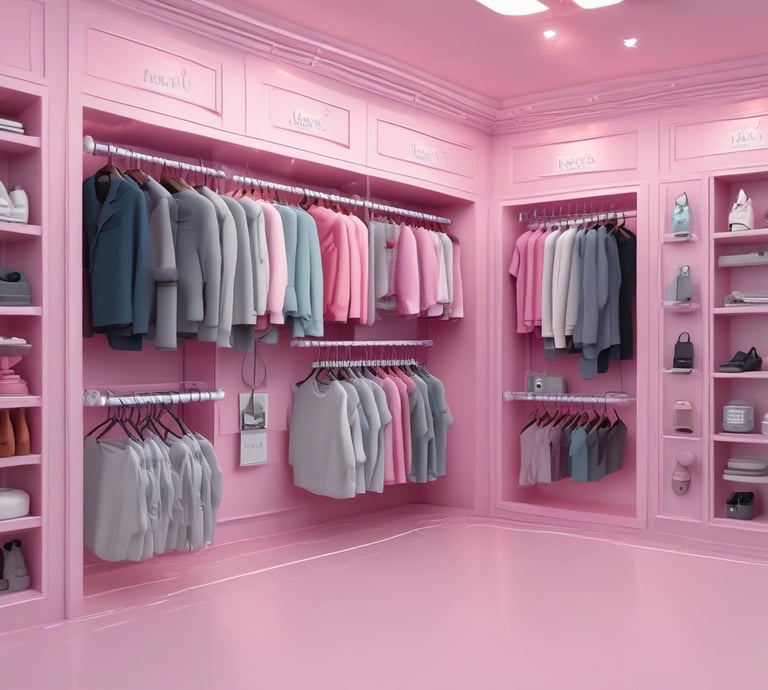 A modern sneaker collection displayed on a sleek shelf with soft pink lighting