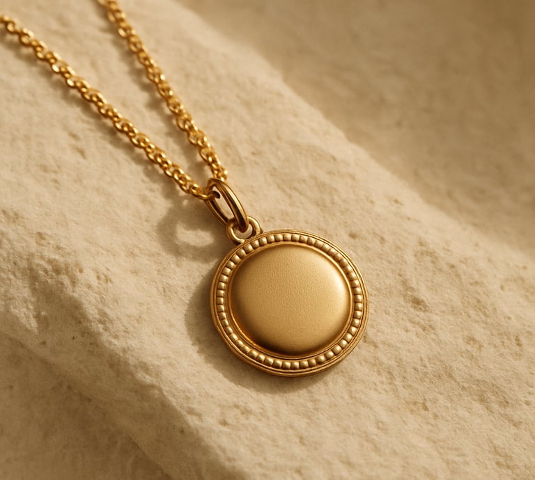 Close-up macro photography of a gold pendant necklace draped over a textured light cream stone surface. The image exudes quiet luxury and meticulous craftsmanship, with champagne tones and soft shadows. High-end magazine layout. Global / North American and Western European.