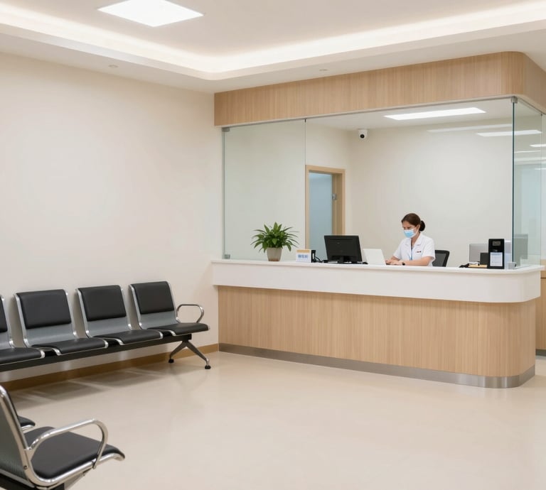 A bright, welcoming reception area of Grebbestads vårdcentral with white walls and marine blue accents.