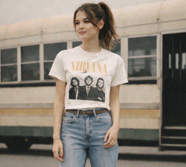 a woman in jeans and a t - shirt with a t - shirt that says