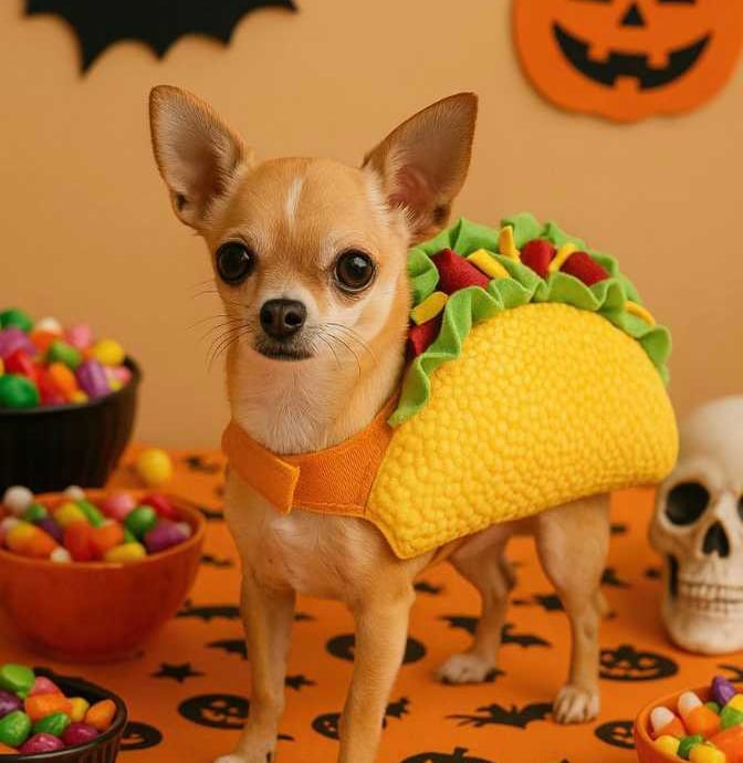 Un pequeño perro chihuahua con un disfraz de taco para Halloween, junto a calabazas
