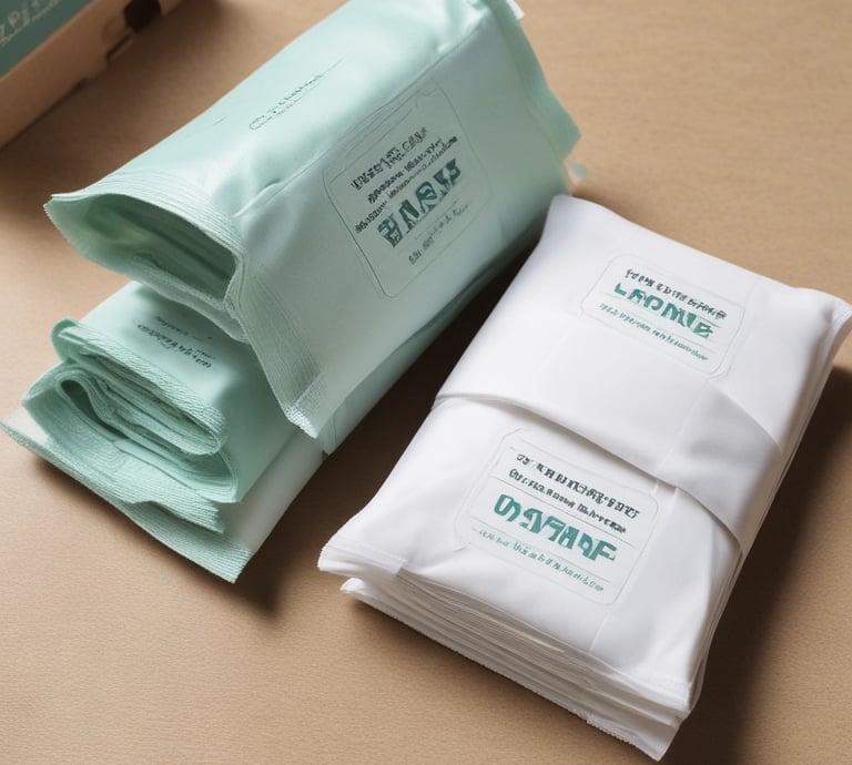 A clean, modern hotel bathroom with Royal Hygiene Intl branded wet wipes and hygiene products neatly arranged.