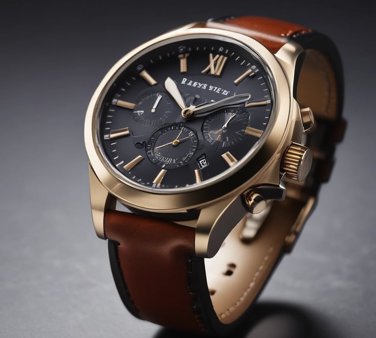 Close-up of a sleek luxury wristwatch with gold accents against a dark background.