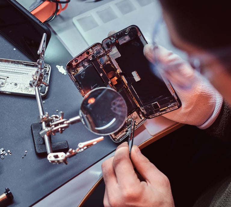 Técnico usando pinzas y lupa para la reparación  de celulares y el mantenimiento 