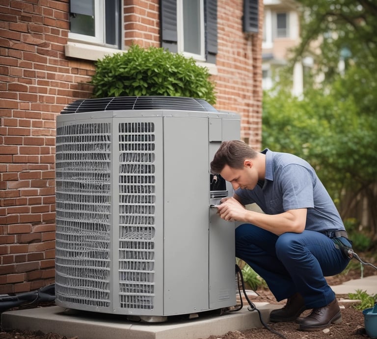 Technician inspecting an air conditioning unit outside a cozy neighborhood home on a sunny day.