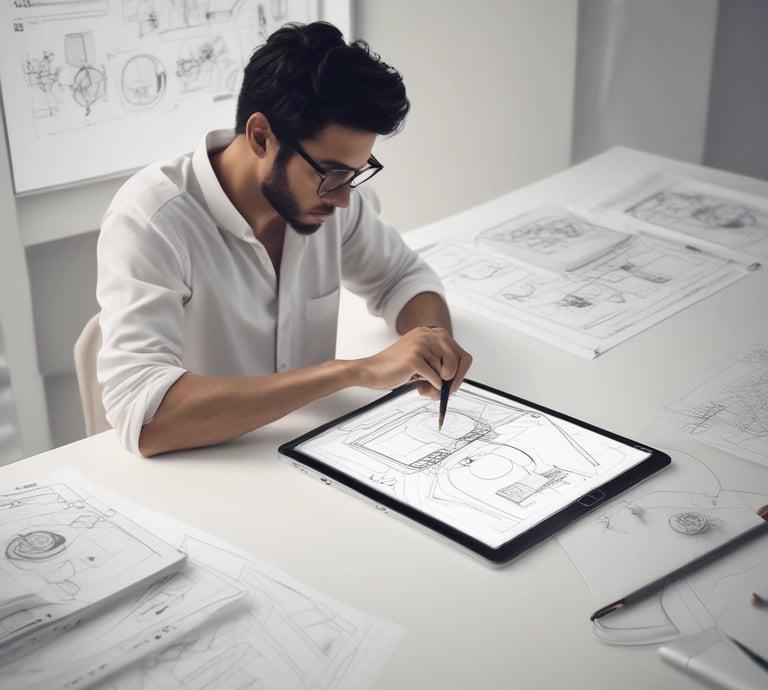 A sleek workspace showing a designer sketching on a tablet with AI-generated design variations displayed on a large monitor.