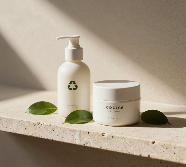 An elegant minimalist photograph displaying eco-friendly recyclable cosmetic containers placed beside fresh green leaves on a light stone shelf, with gentle warm sunlight creating soft shadows in a modern Indian studio setting.