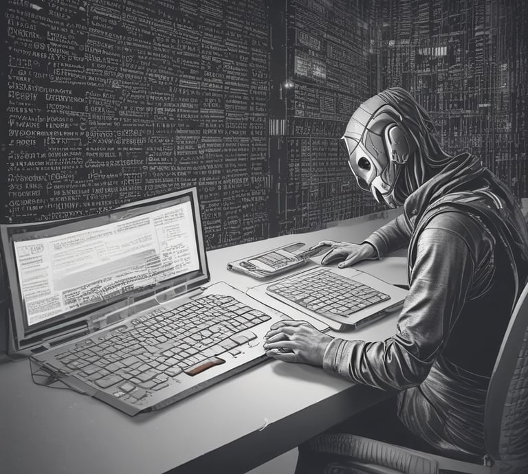 A focused student working on cybersecurity code with dark blue and orange themed interface.