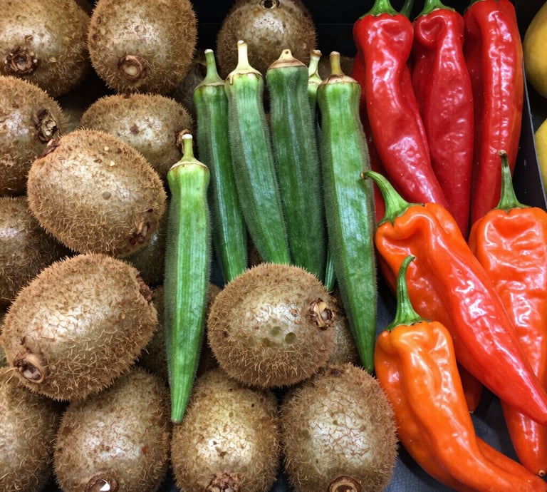 A vibrant market scene showing crates of fresh chestnuts and padrón peppers ready for export.