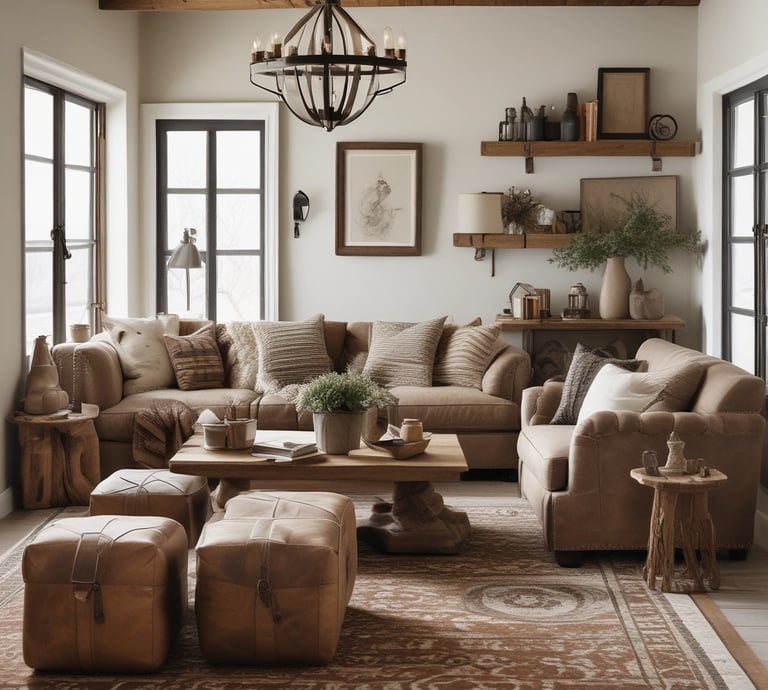 A stylish woman in a sunlit, neutral-toned living room surrounded by cozy decor and soft textiles.