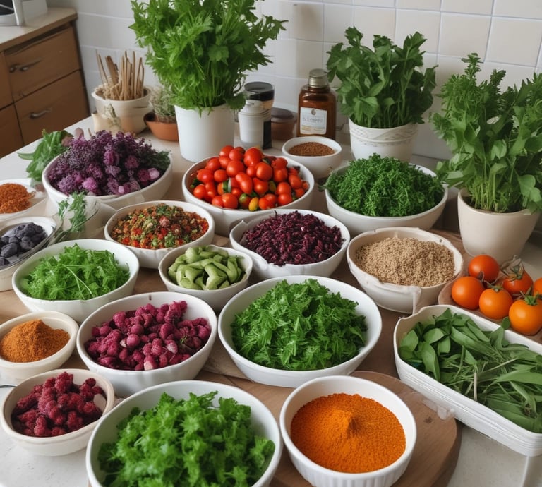 A cozy kitchen scene with fresh ingredients and modern cooking gadgets bathed in warm natural light.