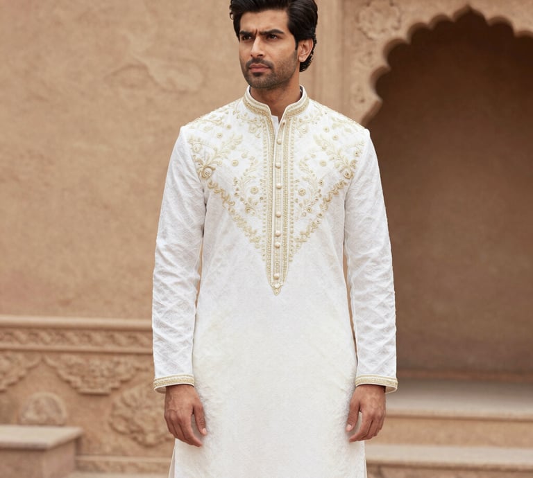 A refined gentleman wearing a terracotta kurta with subtle gold embroidery, standing against a sandstone backdrop.