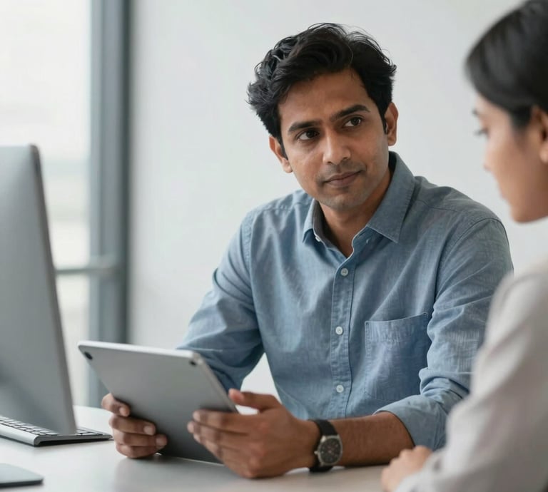 A professional South Asian consultant in a clean, modern Mumbai office, discussing a digital business strategy on a tablet with a client, soft natural lighting, slate blue and white color palette.