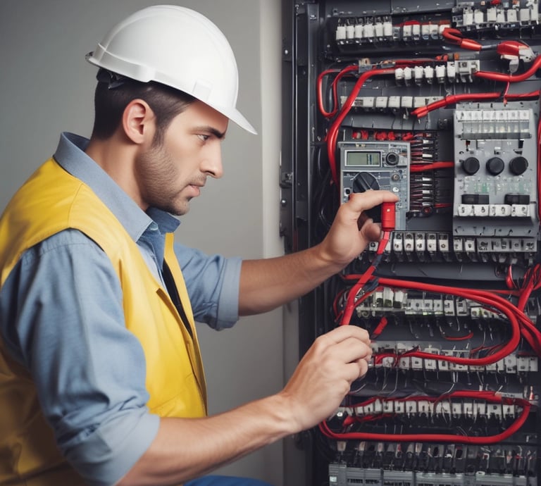Electricians working on electrical wiring inside a residential building, wearing safety gear.