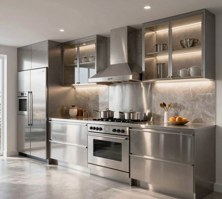A skilled technician installing stainless steel kitchen equipment in a modern commercial kitchen space.