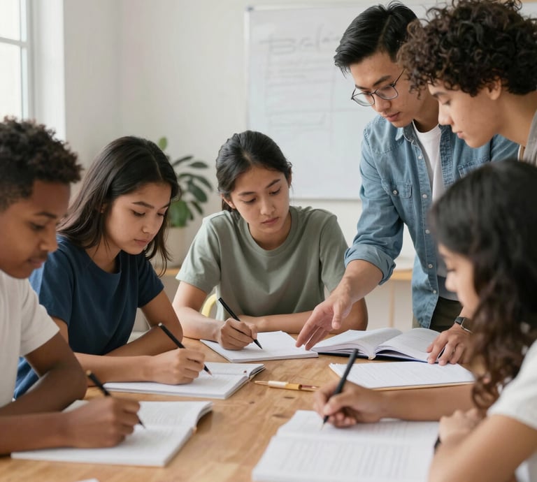 A smiling tutor helping a small group of students with homework in a cozy classroom.