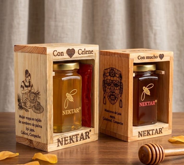 Nektar honey jars in engraved wooden gift boxes with a honey dipper on a wooden table.