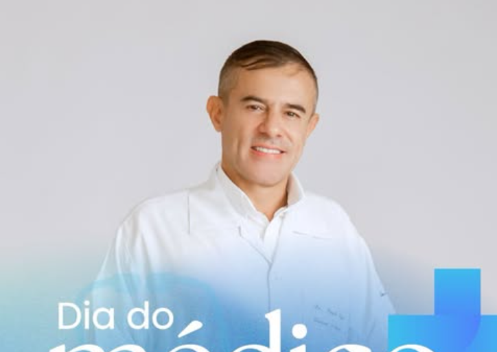 Smiling male doctor in white lab coat for National Doctor's Day celebration graphic.