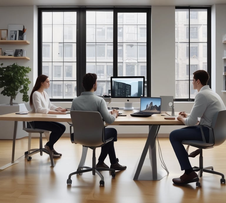 Modern and dynamic advertising office with colorful branding and event materials around.