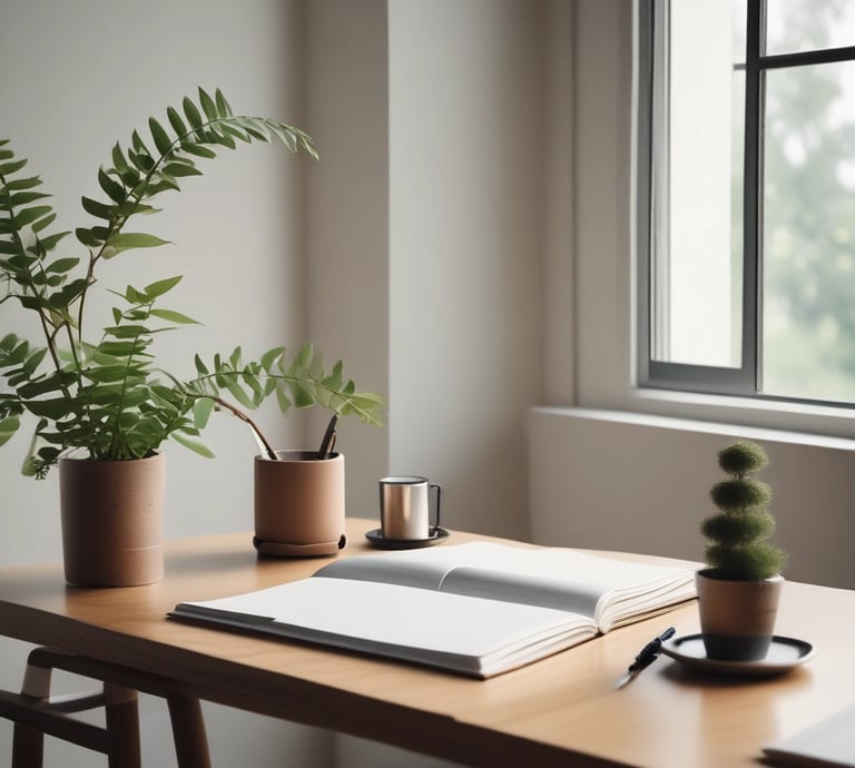 A calm, minimalist workspace with a laptop open to a video call, soft natural light streaming in.