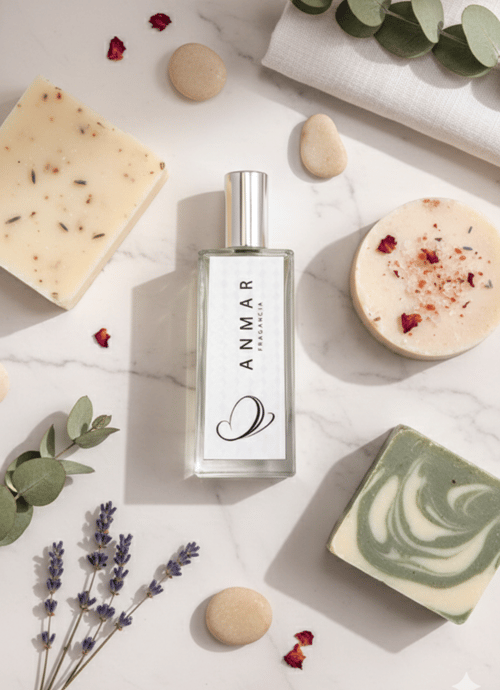 Perfume y jabones con plantas aromáticas sobre una mesa de mármol