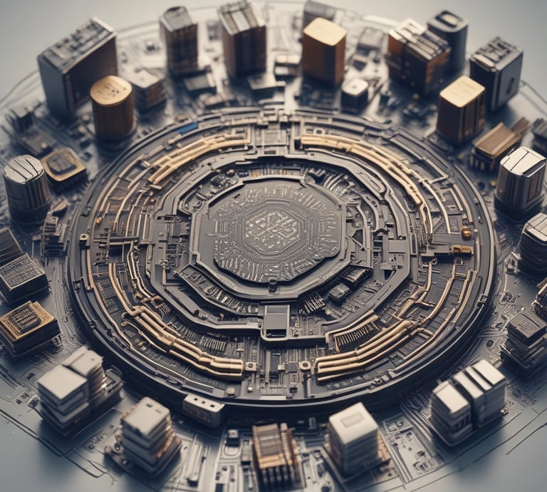 A modern workspace with diverse team members collaborating on futuristic tech devices.