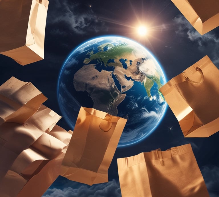 A close-up of colorful plastic and paper bags neatly arranged on a wooden table in a bright workshop.