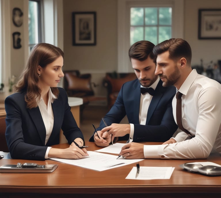 A confident sales professional shaking hands with a happy homeowner after closing a deal.