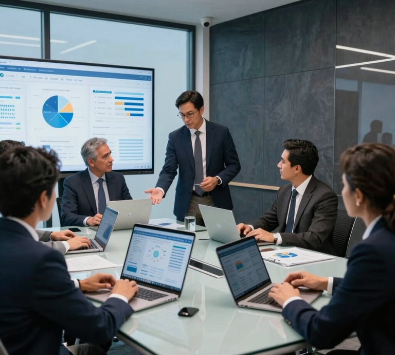 A dynamic scene in a Latin American / Hispanic Enterprise corporate conference room. Strategic consultants and recruiters reviewing analytics dashboards on modern glass tables. Bright sky blue details contrast with dark slate wall panels and modern minimalist decor.