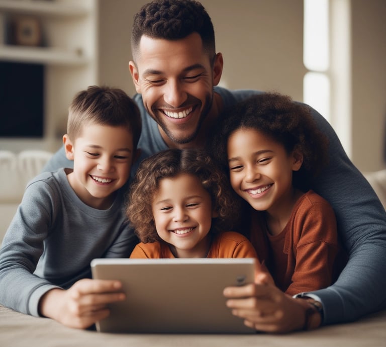 A warm family gathered around a tablet, smiling and engaged together in a cozy living room.