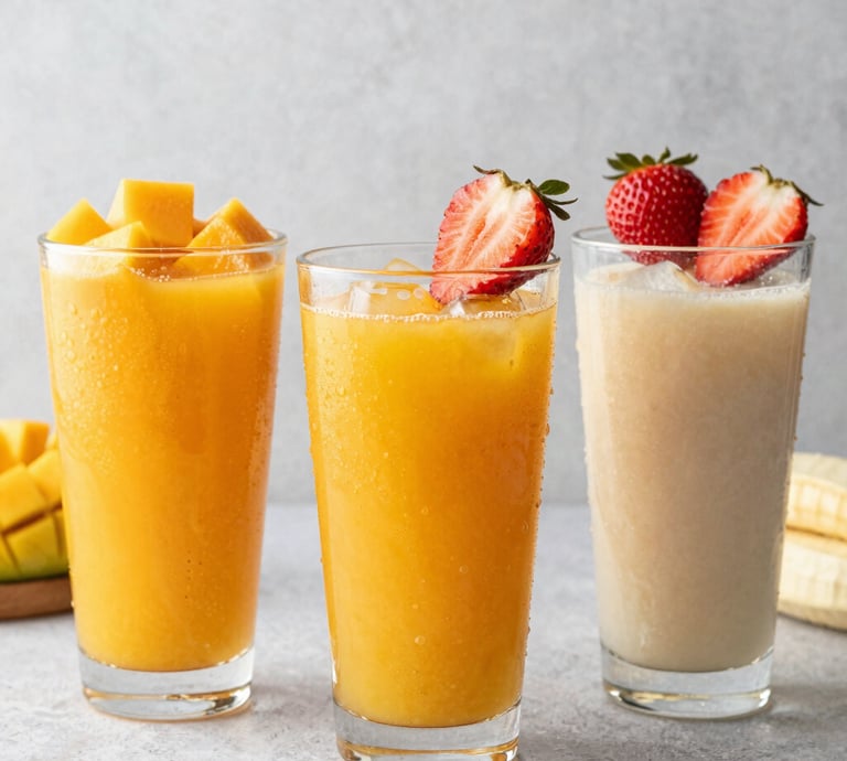 A vibrant display of colorful frappes in tall glasses with straws