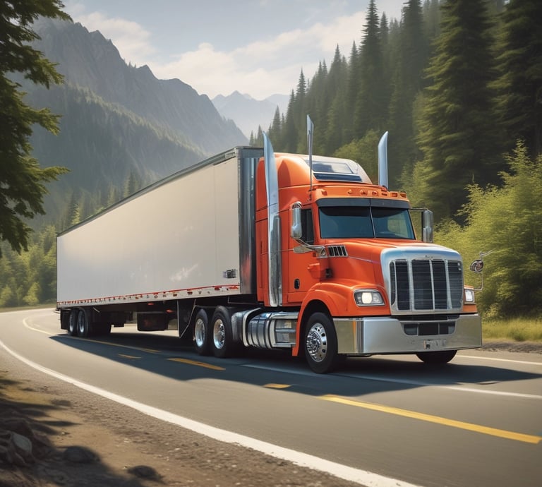 A Border Link Freight Ltd truck driving along a scenic highway surrounded by lush forests.
