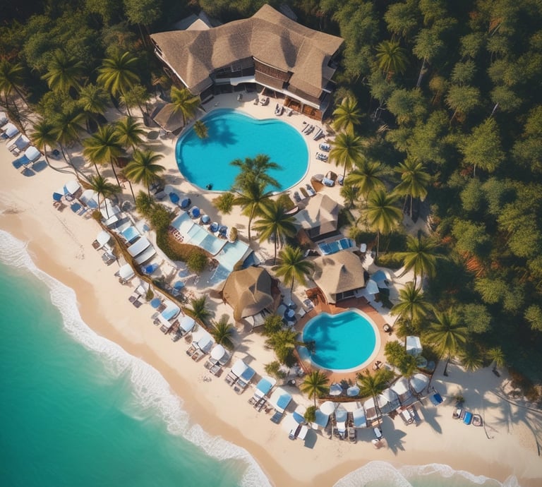 Aerial view of a luxury tropical beach resort with turquoise pools, palm trees, and white sand.